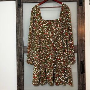 BCBG Olive Green Babydoll Micro Floral Peasant Women's XXL Dress Square Neckline